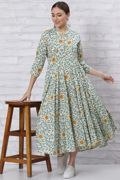 Cream Flared Printed Dress image number 3